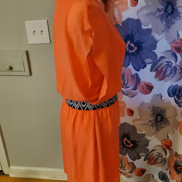 Bright Coral Flutter Top Belted Dress - Picture 3 of 5